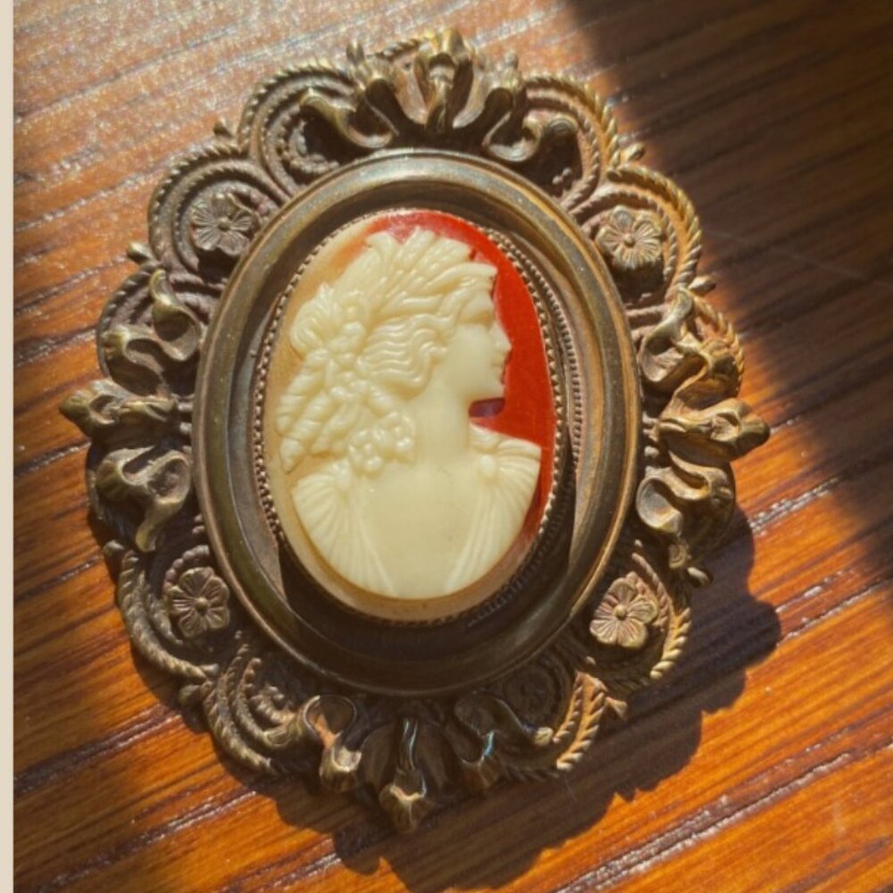 Antique Victorian Celluloid “First Plastic” Cameo Brooch Pin,Ornate Golden Frame
